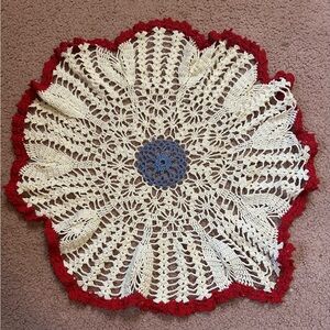 VTG HAND CROCHETED DOILY 17.5” White Red Periwinkle Vintage Handmade